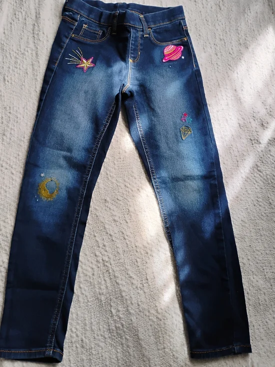 wonder nation Dark Blue Skinny Jeans with Pink & Gold Space Embroidery - Picture 1 of 2